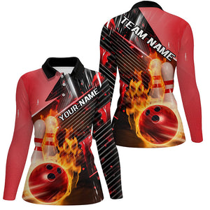 Black And Red Custom Flame Bowling Shirts For Women, Fire Bowling Team Shirt Bowler Outfit IPHW7938