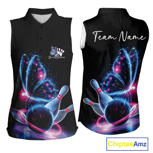 Custom Blue And Pink Galaxy Butterfly Bowling Women Sleeveless Shirts, Ladies Bowling Team Outfit IPHW10243
