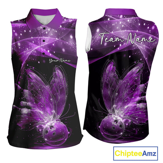 Custom Ethereal Purple Butterfly Bowling Team Women Sleeveless Polo Shirts, Ladies Bowling Outfit IPHW10245