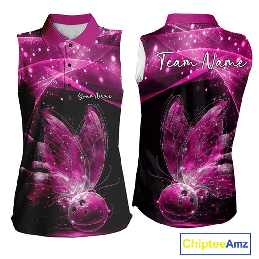 Custom Ethereal Pink Butterfly Bowling Team Women Sleeveless Polo Shirts, Ladies Bowling Outfit IPHW10246