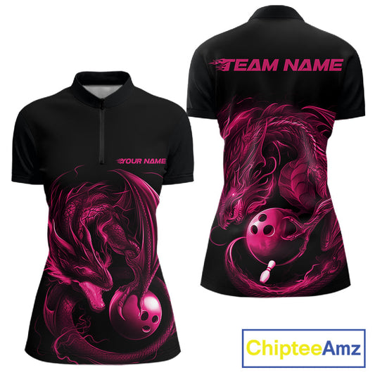 Custom Black And Pink Dragon Bowling Shirts, Bowling League Shirt Dragon Women Jersey IPHW10703