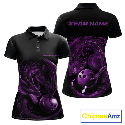 Custom Black And Purple Dragon Bowling Shirts, Bowling League Shirt Dragon Women Jersey IPHW10704