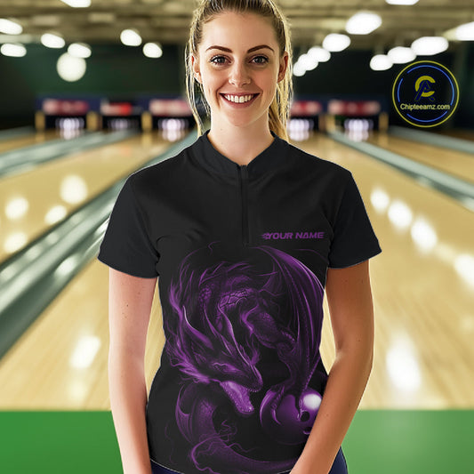 Custom Black And Purple Dragon Bowling Shirts, Bowling League Shirt Dragon Women Jersey IPHW10704
