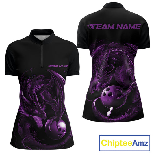 Custom Black And Purple Dragon Bowling Shirts, Bowling League Shirt Dragon Women Jersey IPHW10704