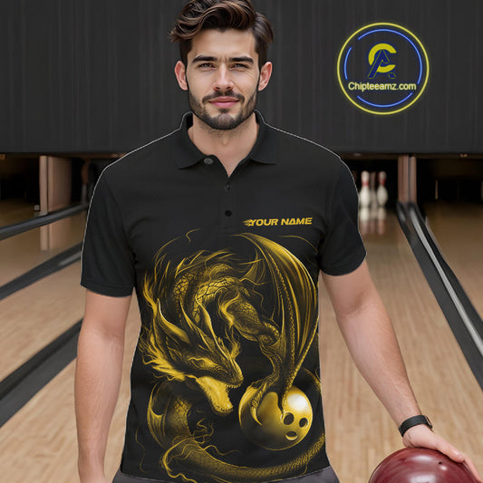 Custom Black And Yellow Dragon Bowling Shirts, Bowling League Shirt Dragon Men Jersey IPHW10706