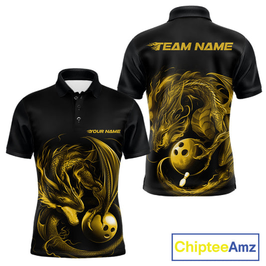 Custom Black And Yellow Dragon Bowling Shirts, Bowling League Shirt Dragon Men Jersey IPHW10706