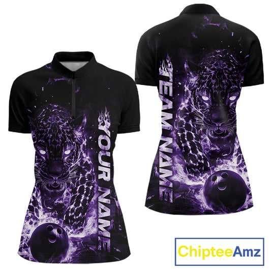 Custom Purple Flaming Leopard Women Bowling Shirts, Fire Bowling Team Shirt Bowler IPHW10713