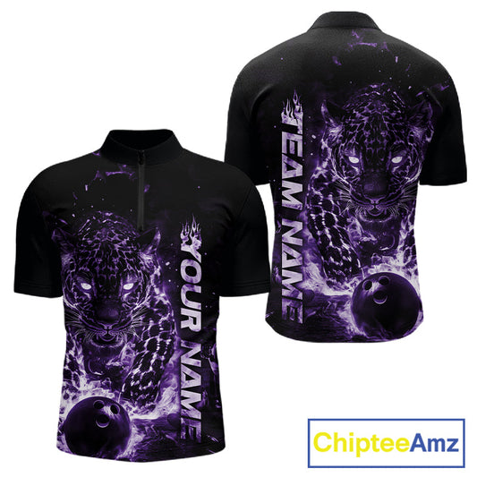 Custom Purple Flaming Leopard Men Bowling Shirts, Fire Bowling Team Shirt Bowler Uniform IPHW10713