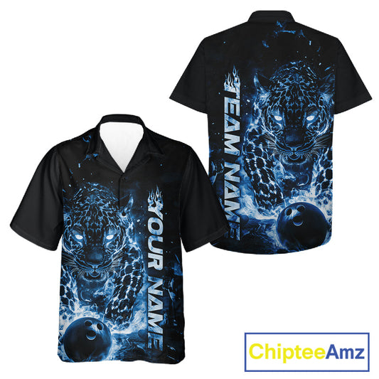 Custom Blue Flaming Leopard Men And Women Bowling Shirts, Fire Bowling Team Shirt Bowler Uniform IPHW10714