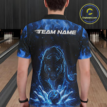 Load image into Gallery viewer, Back view of a male model in a bowling lane wearing a black polo shirt featuring glowing blue electric panther design with bowling action graphics.
