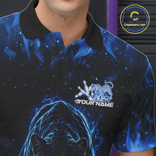 Load image into Gallery viewer, Close-up view of the left chest of a black polo shirt showing glowing blue electric panther artwork with bowling ball crashing through pins detail.