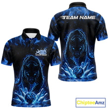 Load image into Gallery viewer, Front and back view of a mens black polo shirt mockup showcasing a glowing blue electric panther with bowling ball crashing through pins energetic design.