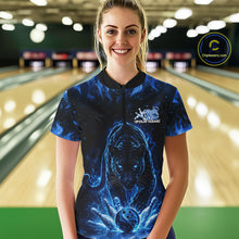 Load image into Gallery viewer, Front view of a female model in a bowling lane wearing a black quarter-zip shirt with glowing blue electric panther and dynamic bowling strike visuals.
