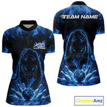 Load image into Gallery viewer, Front and back view of a womens black bowling quarter-zip shirt mockup featuring a glowing electric panther in blue with bowling ball crashing through pins graphics.