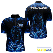 Load image into Gallery viewer, Front and back view of a mens black bowling quarter-zip shirt mockup featuring a glowing blue electric panther and bowling ball striking pins illustration.