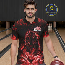 Load image into Gallery viewer, Front view of a male model in a bowling lane wearing a black polo shirt with glowing red electric panther and bold bowling strike artwork.