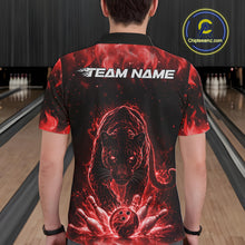 Load image into Gallery viewer, Back view of a male model in a bowling lane wearing a black polo shirt featuring glowing red electric panther design with energetic bowling action visuals.