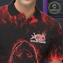 Load image into Gallery viewer, Close-up view of the left chest of a black bowling polo shirt featuring a glowing red electric panther with bowling ball crashing through pins dynamic detail.