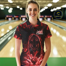 Load image into Gallery viewer, Front view of a female model in a bowling lane wearing a black polo shirt with glowing red electric panther and energetic bowling strike graphics.