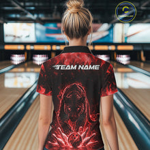 Load image into Gallery viewer, Back view of a female model in a bowling lane wearing a black polo shirt featuring glowing red electric panther design with bold bowling action scene.
