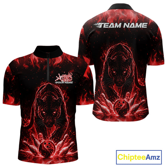 Front and back view of a mens black bowling quarter-zip shirt mockup showcasing a glowing red electric panther and bowling ball crashing through pins artwork.