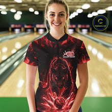 Load image into Gallery viewer, Front view of a female model in a bowling lane wearing a black quarter-zip shirt with glowing red electric panther and bowling ball striking pins illustration.