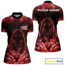Load image into Gallery viewer, Front and back view of a womens bowling quarter-zip shirt mockup in black featuring a glowing electric panther and bowling ball crashing through pins in red tones.