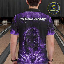 Load image into Gallery viewer, Back view of a male model in a bowling lane wearing a black polo shirt featuring glowing purple electric panther design with dynamic bowling action scene.