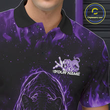 Load image into Gallery viewer, Close-up view of the left chest of a black polo shirt showing glowing purple electric panther artwork with bowling ball crashing through pins detail.