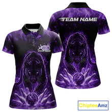 Load image into Gallery viewer, Front and back view of a womens black polo shirt mockup featuring a glowing purple electric panther with bowling ball striking pins dynamic graphics.