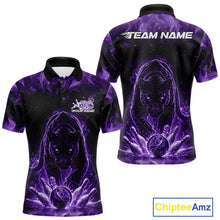 Load image into Gallery viewer, Front and back view of a mens black polo shirt mockup featuring a glowing purple electric panther with bowling ball crashing through pins dynamic design.