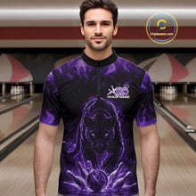 Load image into Gallery viewer, Front view of a male model in a bowling lane wearing a black quarter-zip shirt with glowing purple electric panther and bowling ball striking pins illustration.