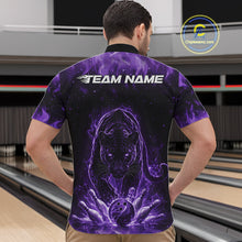 Load image into Gallery viewer, Front view of a male model in a bowling lane wearing a black quarter-zip shirt featuring glowing purple electric panther design with energetic bowling action graphics.
