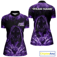 Load image into Gallery viewer, Front and back view of a womens black bowling quarter-zip shirt mockup showcasing a glowing electric panther in purple tones with bowling ball crashing through pins.