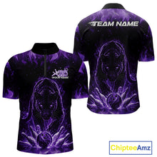 Load image into Gallery viewer, Front and back view of a mens black bowling quarter-zip shirt mockup featuring a glowing purple electric panther with bowling ball crashing through pins dynamic artwork.