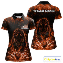Load image into Gallery viewer, Front and back view of a womens polo shirt mockup featuring a black and orange glowing electric panther with bowling ball crashing through pins dynamic artwork.