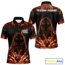Load image into Gallery viewer, Front and back view of a mens black polo shirt mockup featuring a glowing electric panther in orange with bowling ball crashing through pins dynamic design.