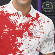 Load image into Gallery viewer, Close-up view of the left chest of a red and white splatter bowling polo shirt showing minimalist sporty bowling design detail.