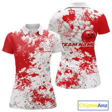Load image into Gallery viewer, Womens polo shirt mockup front and back, white shirt with red and white splatter background, clean apparel presentation