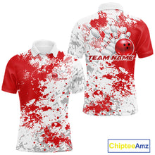 Load image into Gallery viewer, Front and back view of a mens bowling polo shirt mockup featuring red and white splatter background with bold athletic bowling styling.