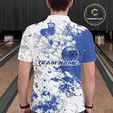 Load image into Gallery viewer, Back view of a male model in a bowling lane wearing a blue and white splatter polo shirt featuring clean athletic bowling design.