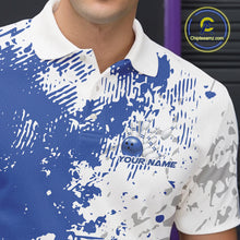 Load image into Gallery viewer, Close-up view of the left chest of a blue and white splatter bowling polo shirt showing abstract sporty bowling pattern detail.