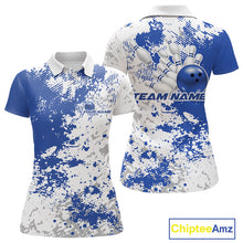 Load image into Gallery viewer, Womens polo shirt mockup front and back, white shirt featuring blue and white splatter background, minimalist apparel display