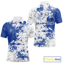 Load image into Gallery viewer, Front and back view of a mens bowling polo shirt mockup featuring blue and white splatter background with clean modern sporty bowling styling.