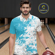 Load image into Gallery viewer, Front view of a male model in a bowling lane wearing a teal blue and white splatter polo shirt with dynamic sporty bowling visuals.