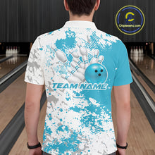 Load image into Gallery viewer, Back view of a male model in a bowling lane wearing a teal blue and white splatter polo shirt featuring clean athletic bowling design.
