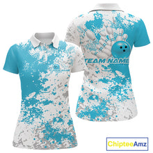 Load image into Gallery viewer, Womens polo shirt mockup front and back, white shirt with teal blue and white splatter background, clean modern apparel presentation