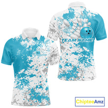 Load image into Gallery viewer, Front and back view of a mens bowling polo shirt mockup featuring teal blue and white splatter background with clean modern sportswear styling.