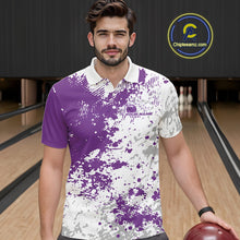 Load image into Gallery viewer, Front view of a male model in a bowling lane wearing a purple and white splatter polo shirt with clean sporty bowling graphics.
