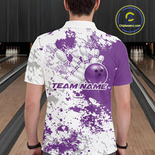 Load image into Gallery viewer, Back view of a male model in a bowling lane wearing a purple and white splatter polo shirt featuring minimalist bowling-inspired design accents.